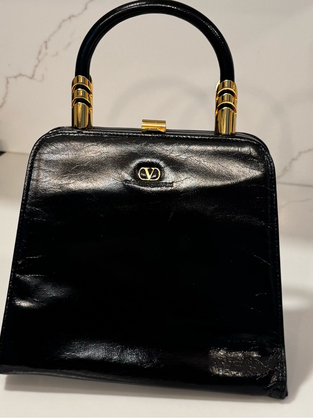 Authentic Valentino Garavani Black Leather Top-Handle Bag Gold Hardware Japan 💎